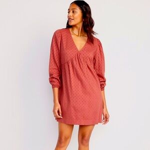 Old Navy Mini Dress Clip-Dot Swing Dress Rust V-Neck Popover Babydoll